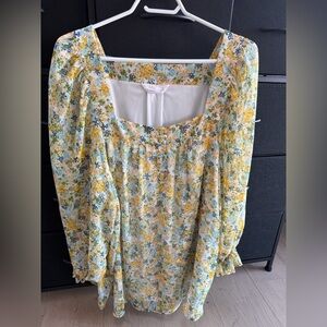 LC Lauren Conrad Yellow and Blue Floral Blouse
